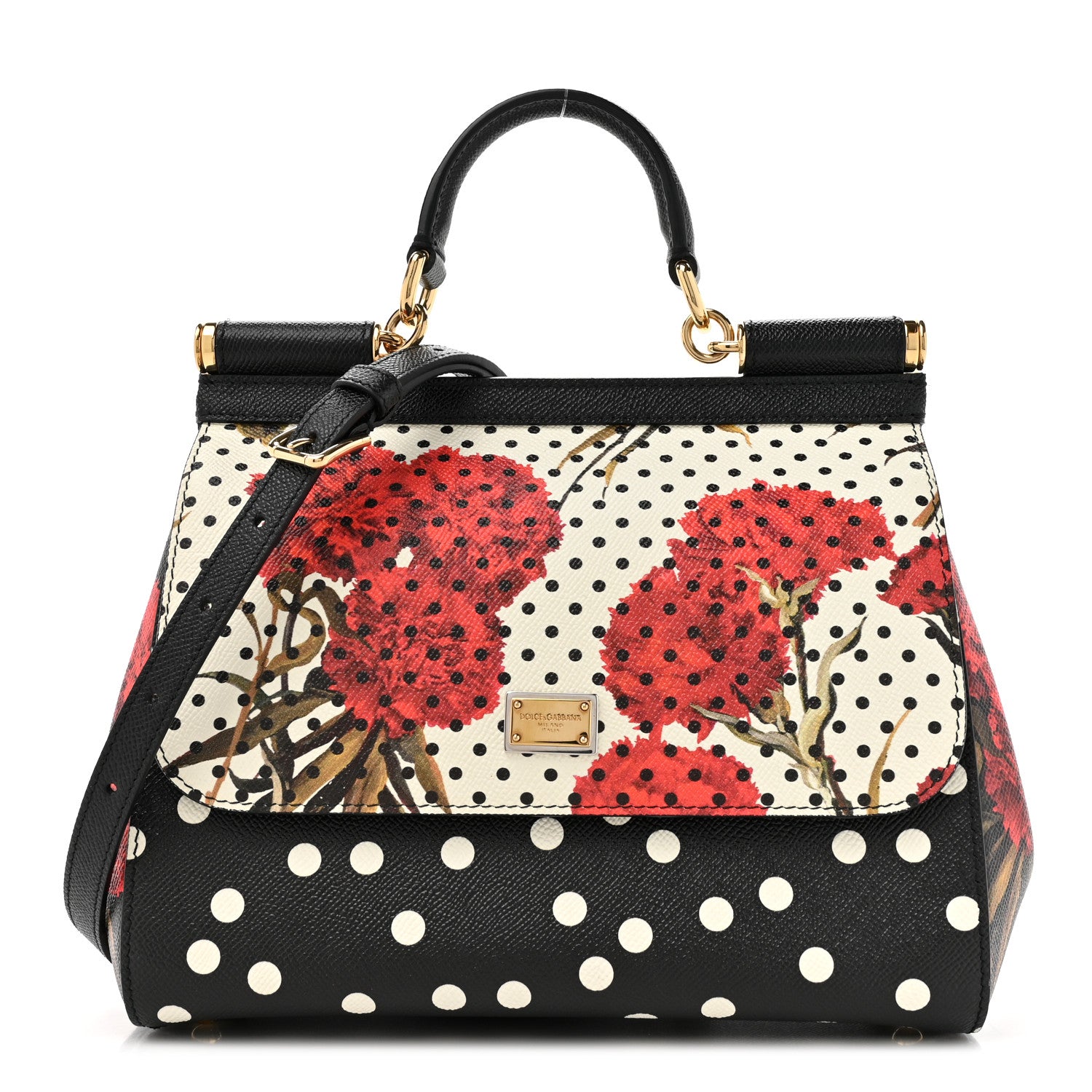 Dolce & Gabbana Dauphine Polka Dot Floral Print Medium Miss Sicily Satchel Black 1 of 10