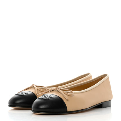 Chanel Lambskin Cap Toe CC Ballerina Flats 37.5 Beige Black 3 of 9