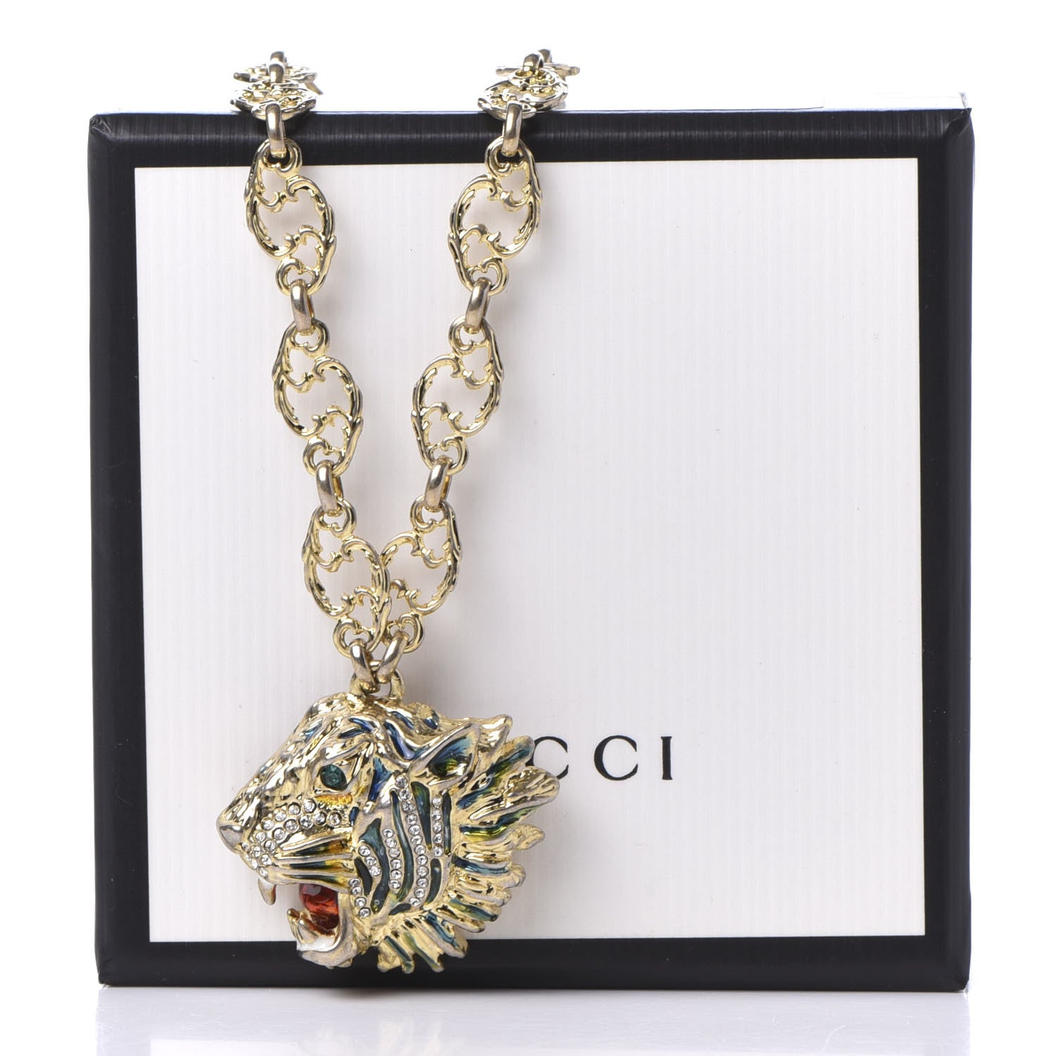 Gucci Metal Crystal Enamel Rajah Necklace Gold Blue 7 of 7