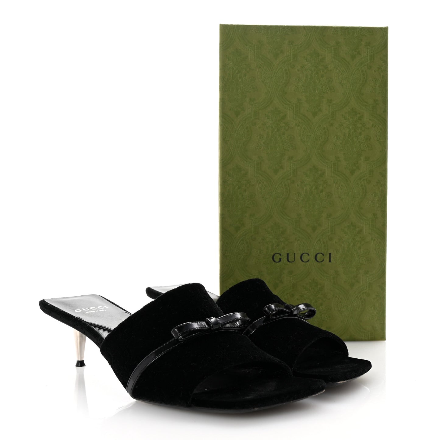 New Velvet Ashmir Regent Calfskin GG Monogram Square Toe Bow 45mm Slide Sandals 39.5 Black