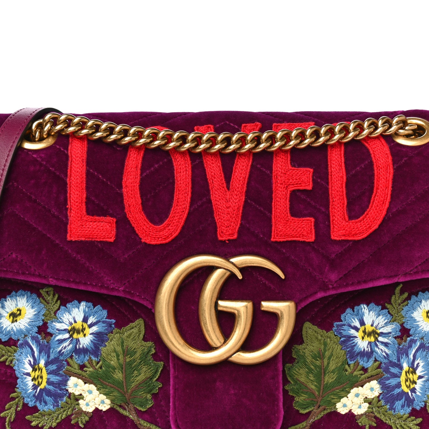 Velvet Matelasse Loved Embroidered Medium GG Marmont Shoulder Bag Fuchsia Violet Cyclamen