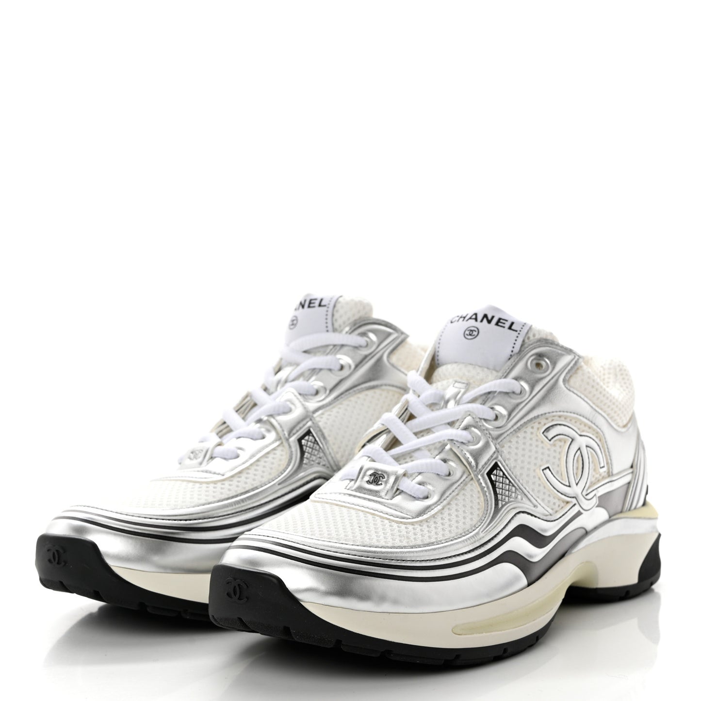 Fabric Laminated Calfskin Stretch CC Womens Sneakers 41 White Silver