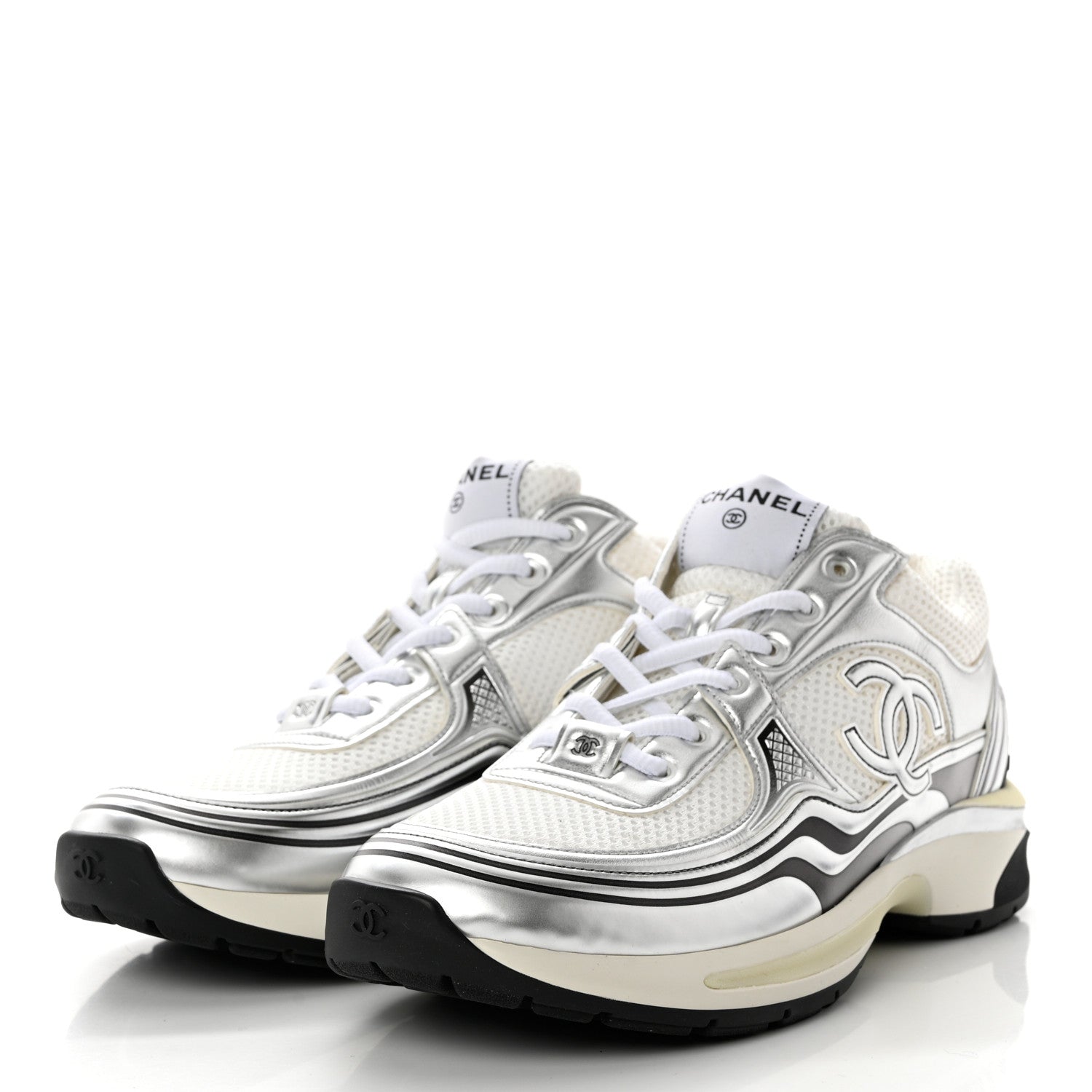 Chanel Fabric Laminated Calfskin Stretch CC Womens Sneakers 41 White Silver 3 of 9