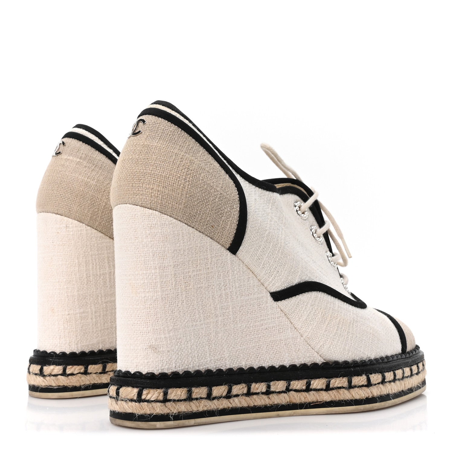 Chanel Raffia Lace Up Wedge Espadrilles 37 Beige 5 of 9