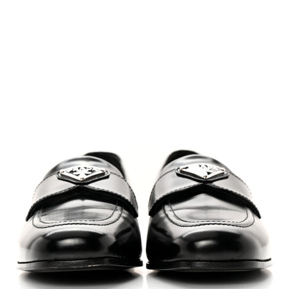 Prada Brushed Calfskin Metal Triangle Logo 20mm Loafers 36.5 Black 2 of 12