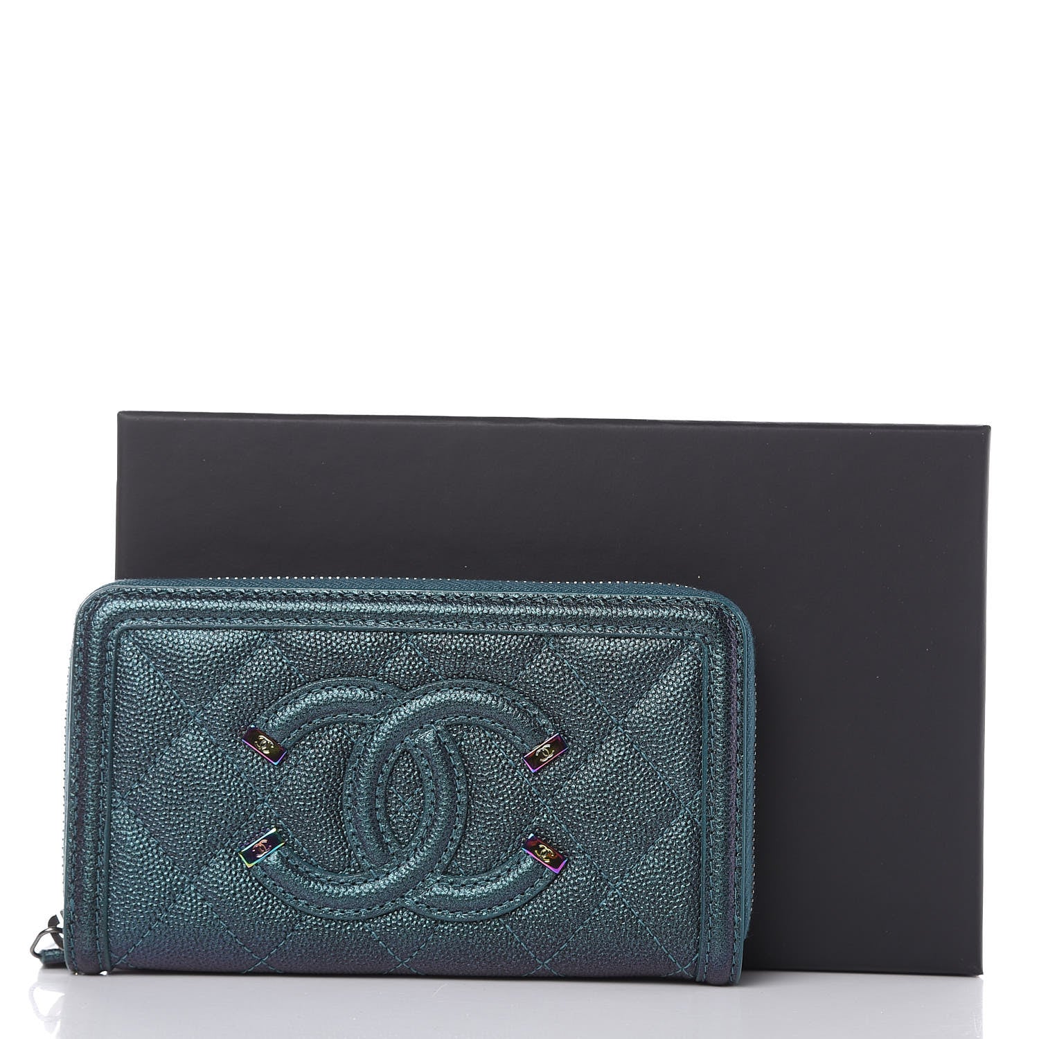 Chanel Iridescent Caviar Quilted Medium Filigree Zip Around Wallet Dark Turquoise 9 of 9