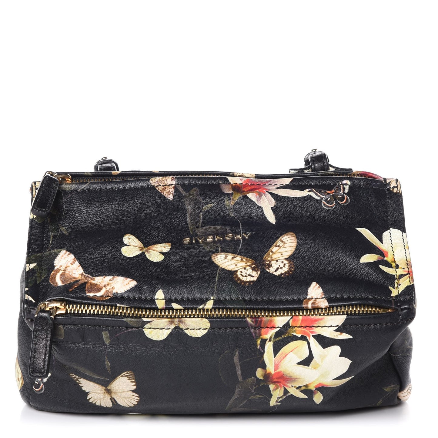 Lambskin Magnolia and Moth Print Mini Pandora Black