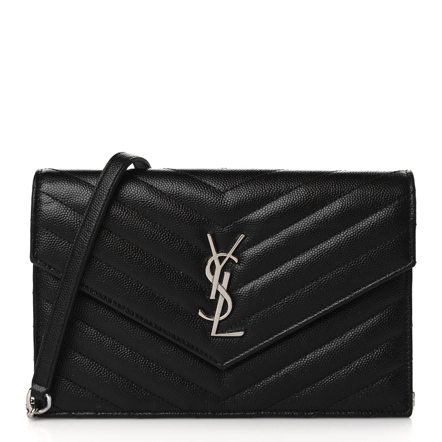 Saint Laurent Grain De Poudre Matelasse Chevron Monogram Envelope Chain Wallet Black 1 of 9