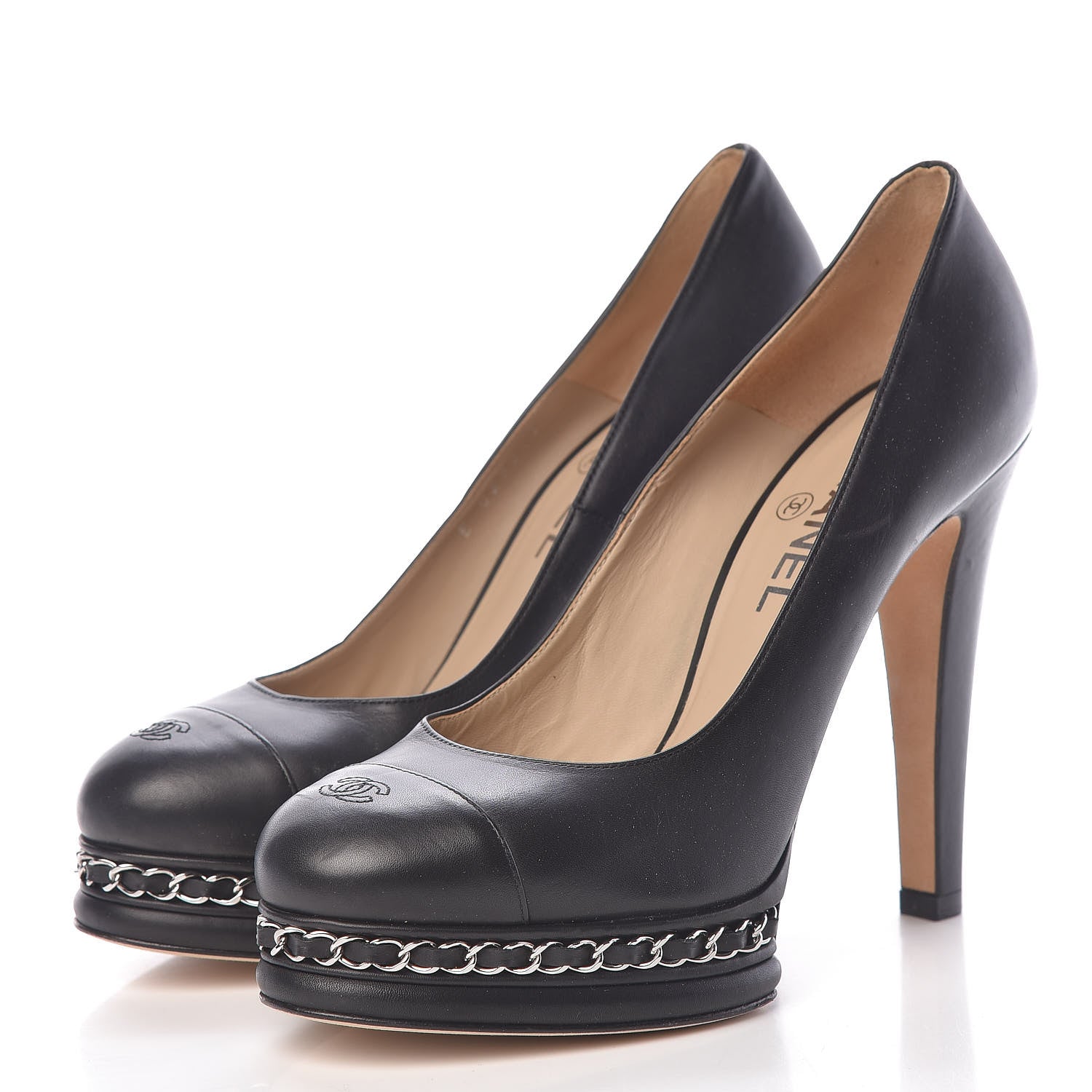 Chanel Lambskin CC Cap Toe Platform Chain Pumps 38.5 Black 3 of 14