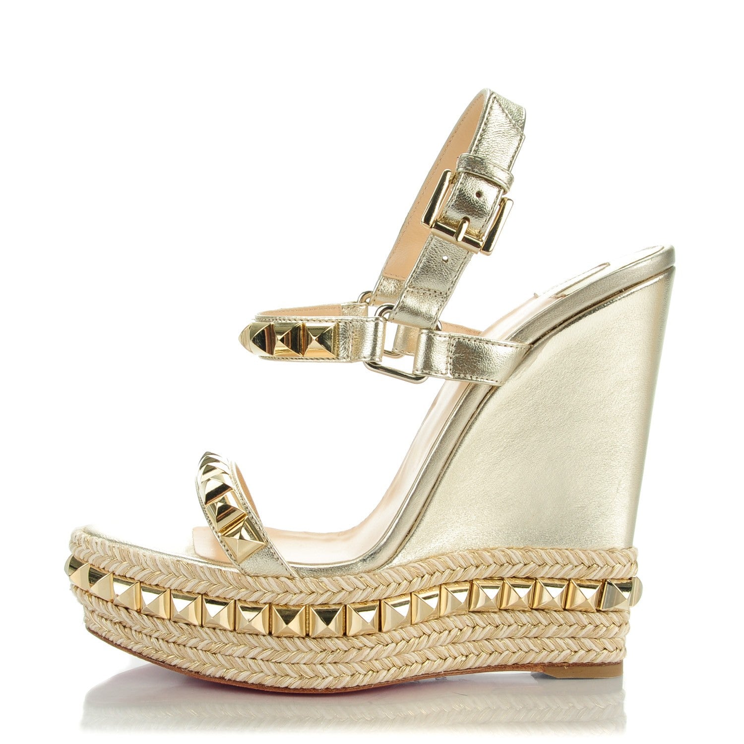 Christian Louboutin Nappa Silk Cataclou 140 Wedge Sandals 37 Sahara Light Gold 1 of 8