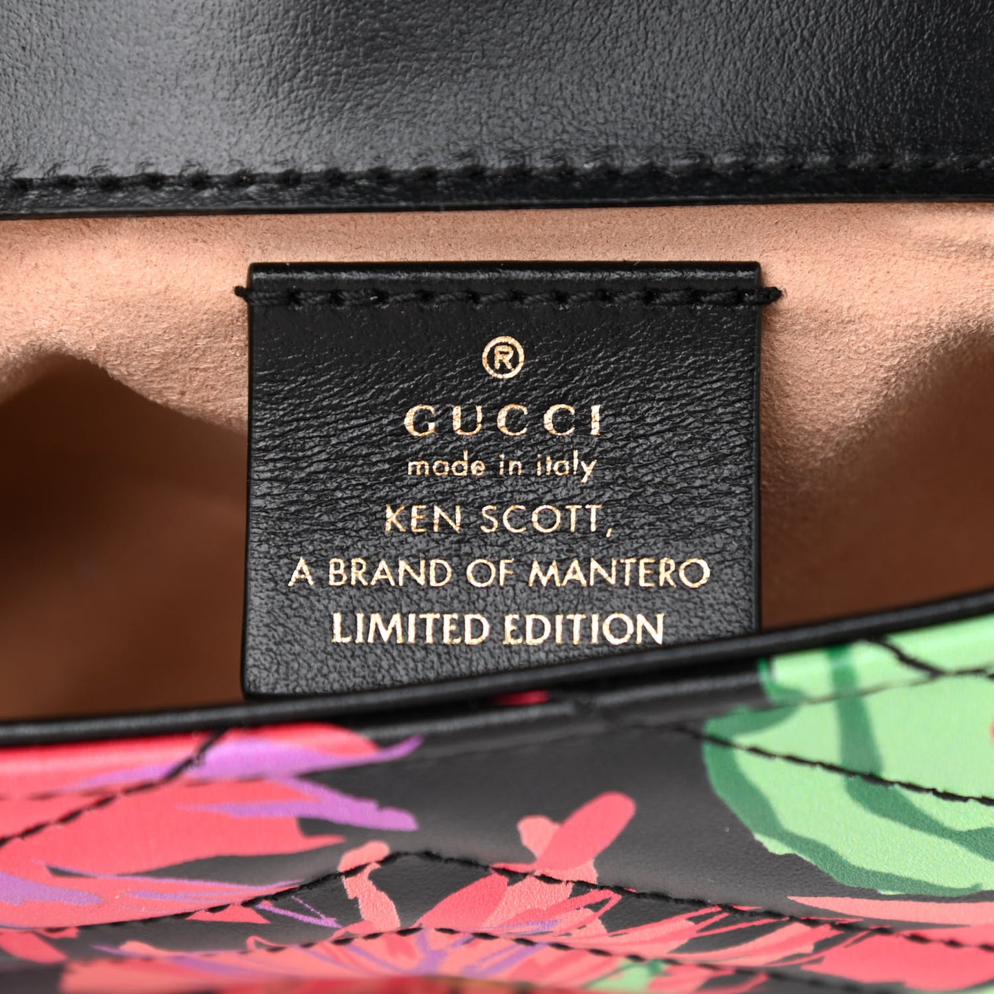 X KEN SCOTT Calfskin Matelasse Floral Print Super Mini GG Marmont Shoulder Bag Black