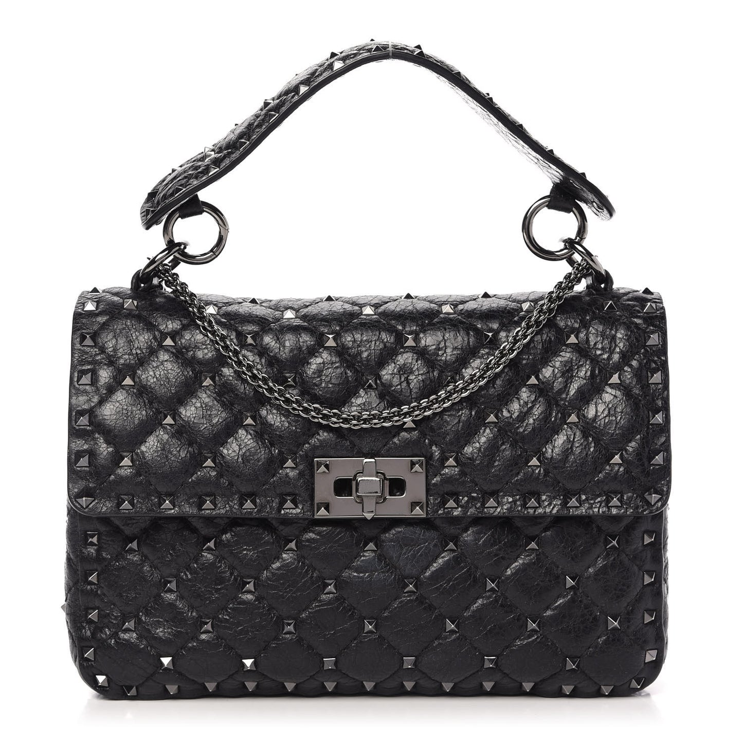 Craquele Nappa Medium Rockstud Spike Shoulder Bag Black
