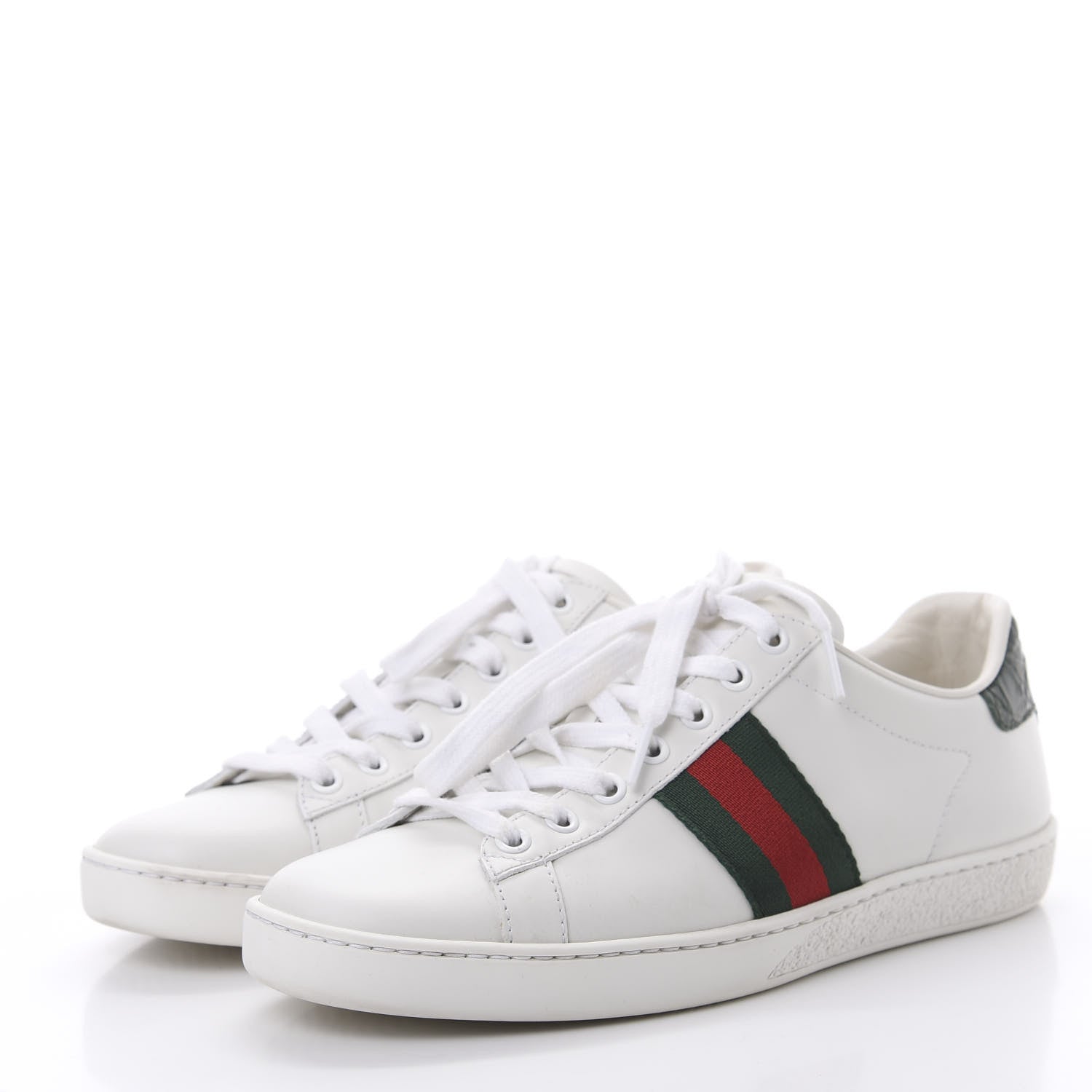 Gucci Calfskin Crocodile Web Ace Sneakers 37.5 White Green 3 of 8