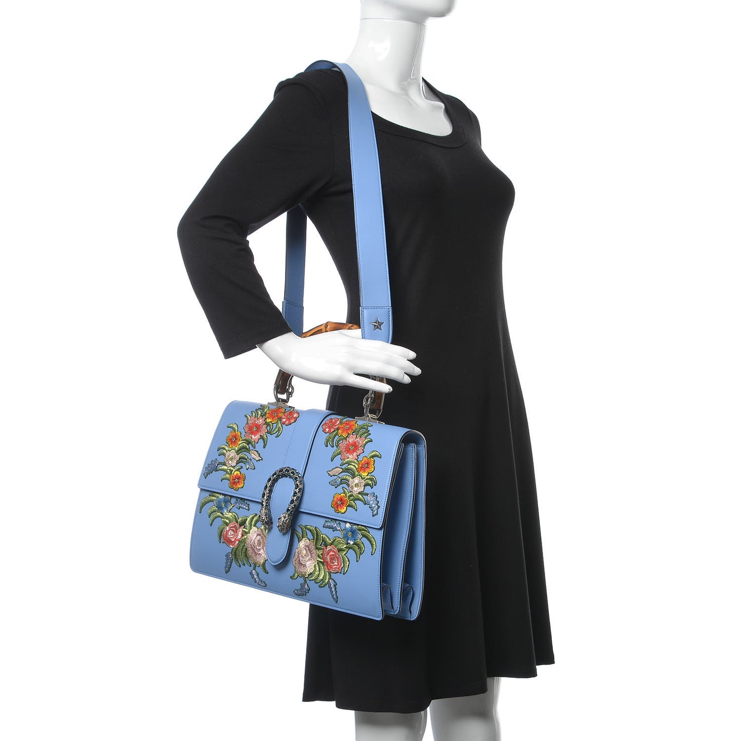 Moon Calfskin Crystal Web Embroidered Large Dionysus Bamboo Top Handle Bag Clear Sky Blue Multicolor