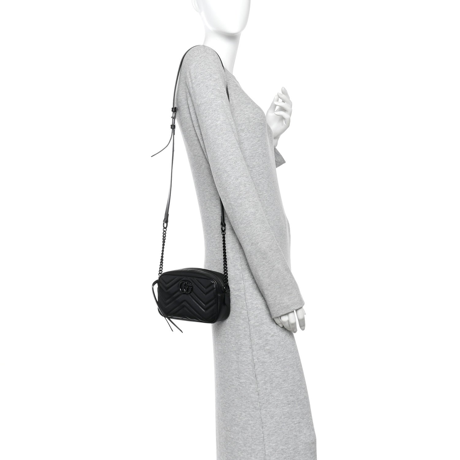 Gucci Calfskin Matelasse Monochrome Mini GG Marmont Chain Shoulder Bag Black 2 of 10