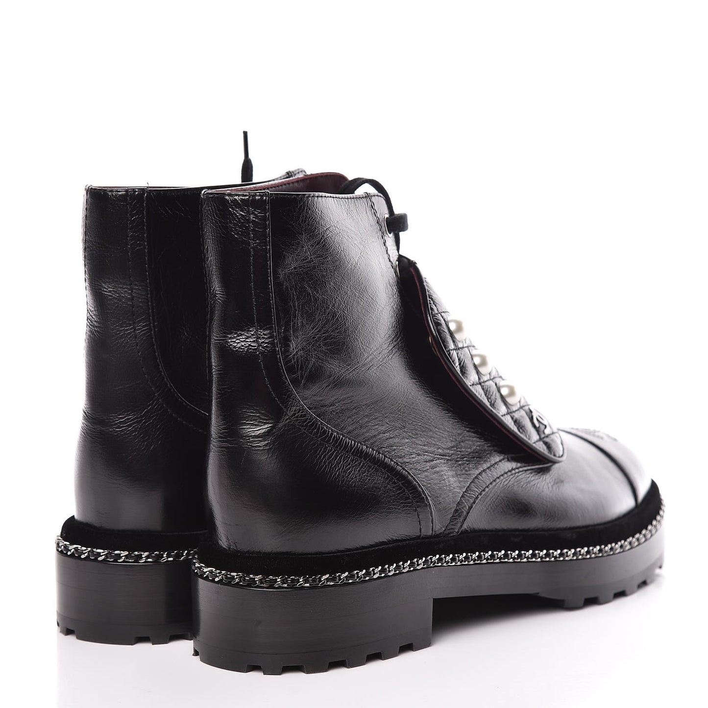 Crackled Calfskin Velvet Pearl Combat Short Boots 40 Black