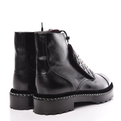 Chanel Crackled Calfskin Velvet Pearl Combat Short Boots 40 Black 4 of 8