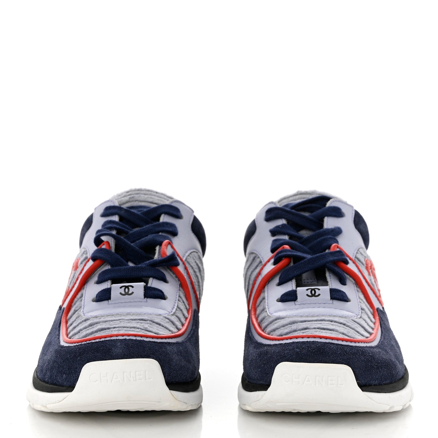 Chanel Suede Calfskin Womens CC Sneakers 37 Grey Red Blue 2 of 7