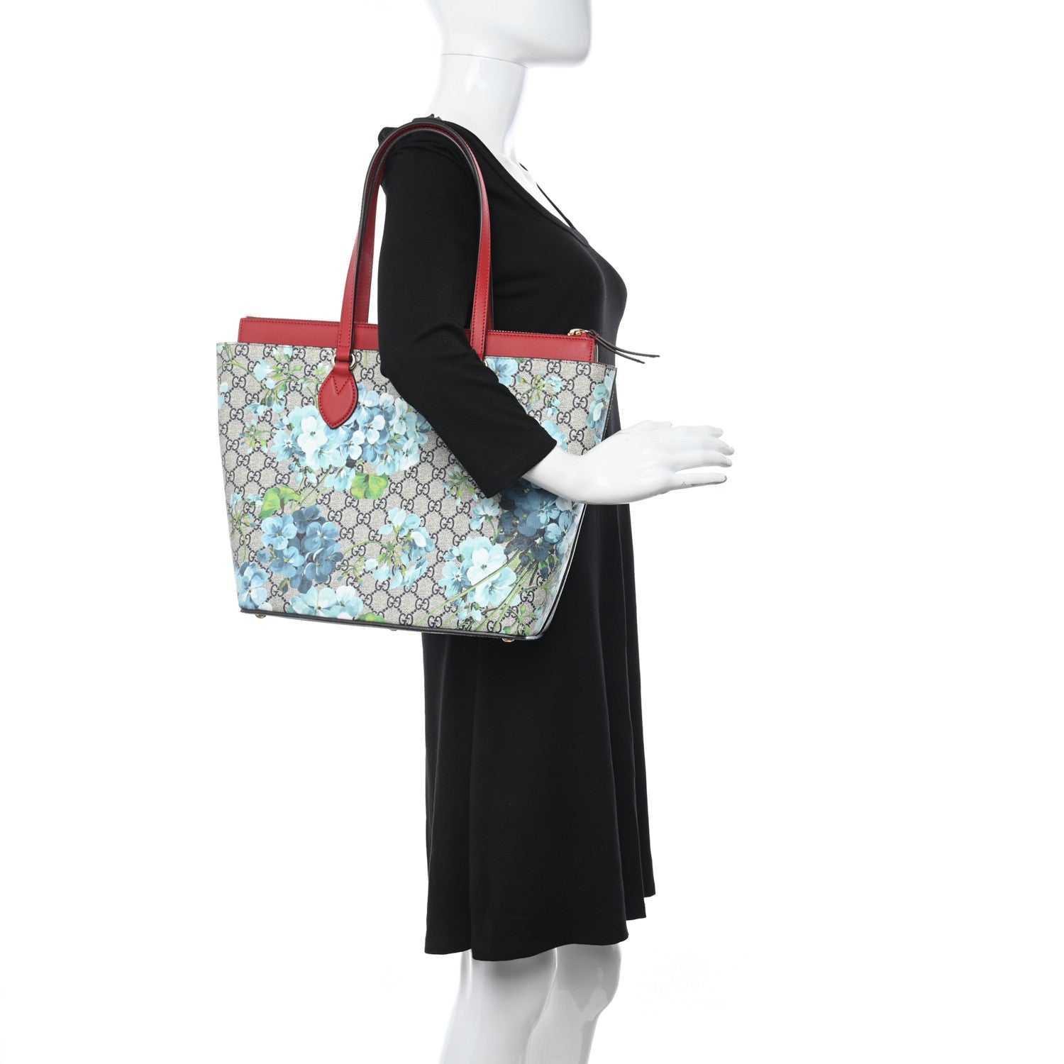 Gucci GG Supreme Monogram Blooms Medium Zippered Bucket Tote Beige Blue Navy Hibiscus Red 2 of 14