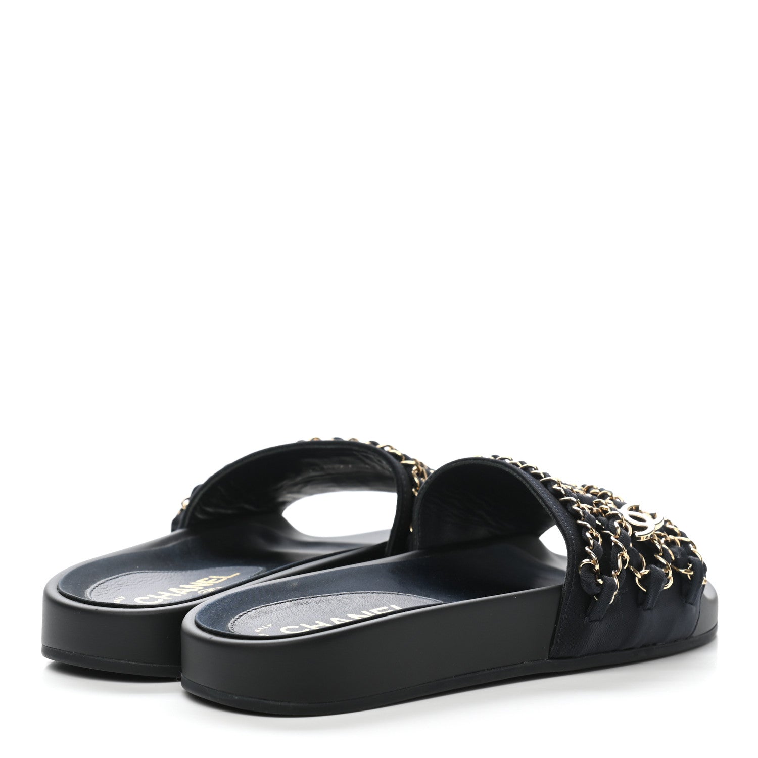 Chanel Satin Canvas Chain Slides Sandals Flats 35 Marine 4 of 8