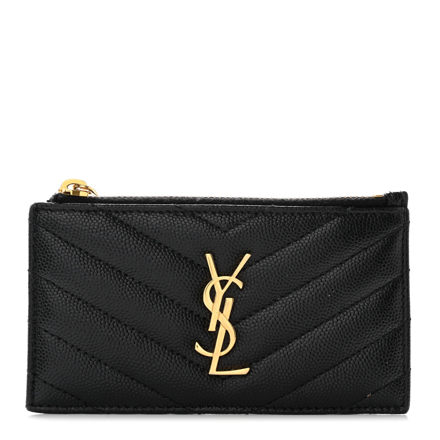 Saint Laurent Grain De Poudre Matelasse Chevron Monogram Fragments Zippered Card Case Black 1 of 10