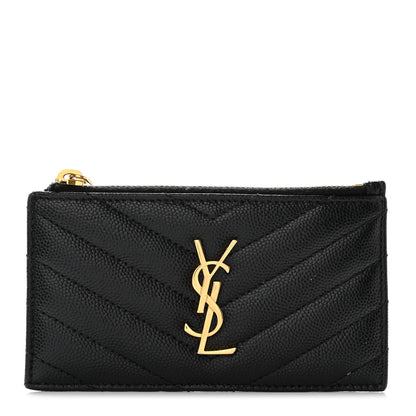 Saint Laurent Grain De Poudre Matelasse Chevron Monogram Fragments Zippered Card Case Black 1 of 10