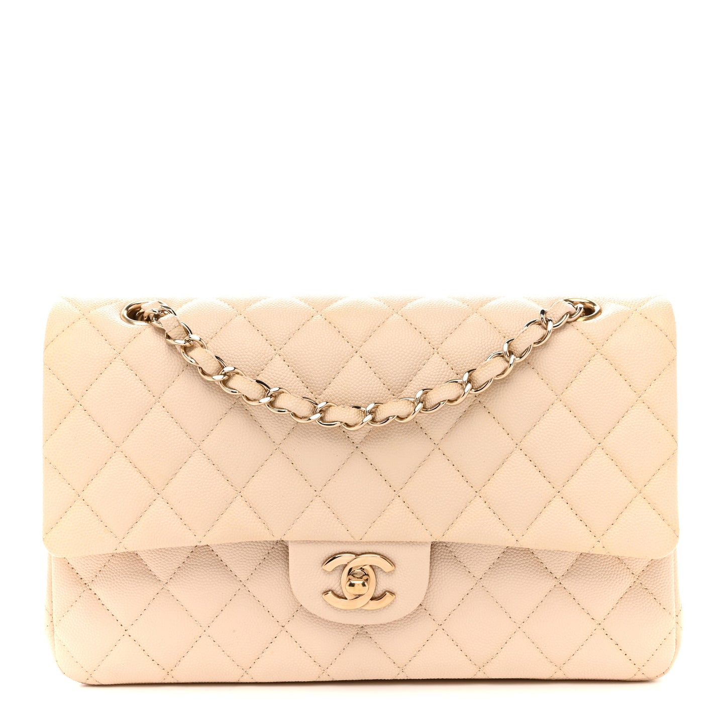 Caviar Quilted Medium Double Flap Light Beige