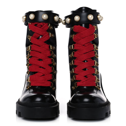 Gucci Magnum Calfskin Pearl Lace Up Combat Ankle Boots 35 Black 2 of 10