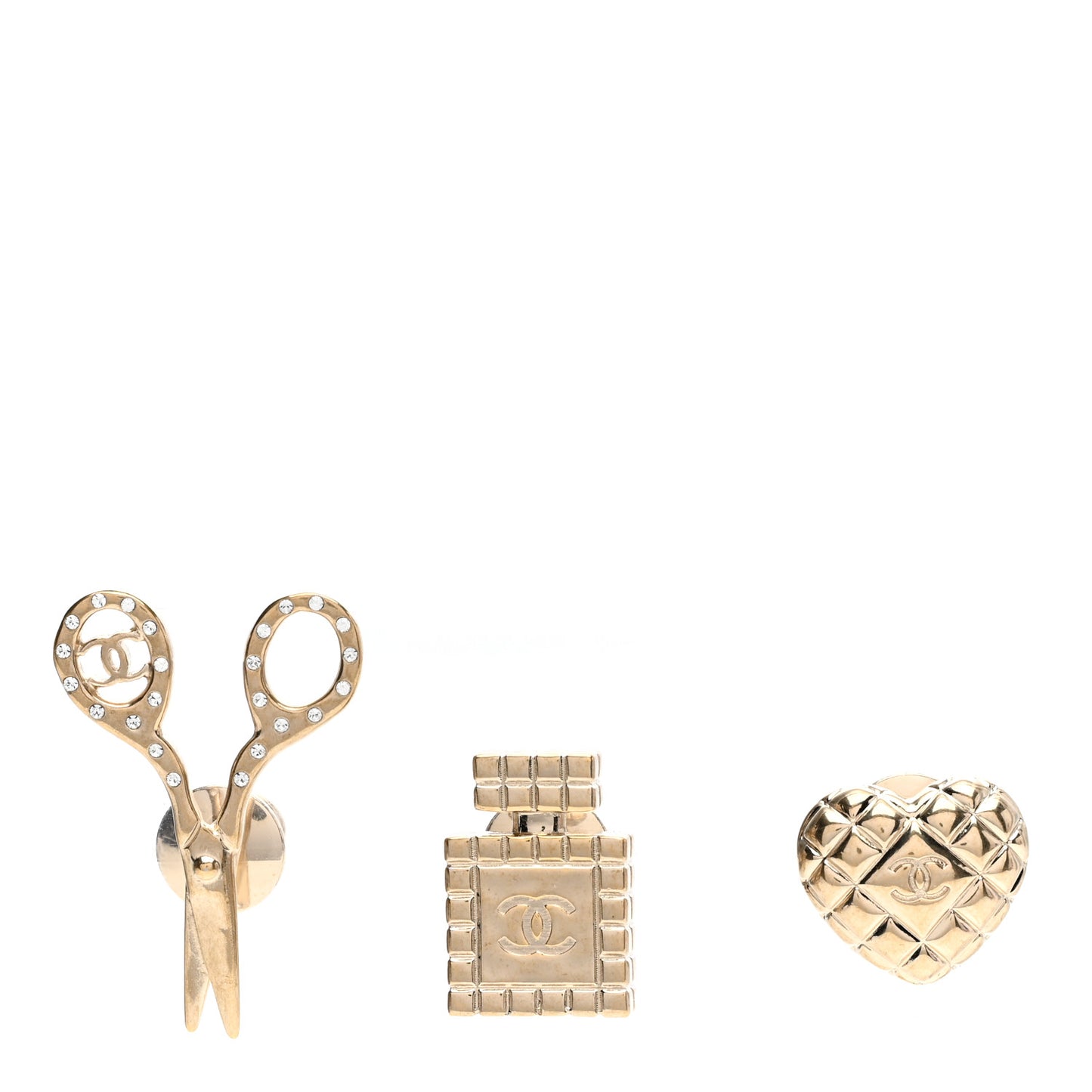 Metal Strass Crystal Quilted CC Heart Scissors Perfume Brooch Set Gold