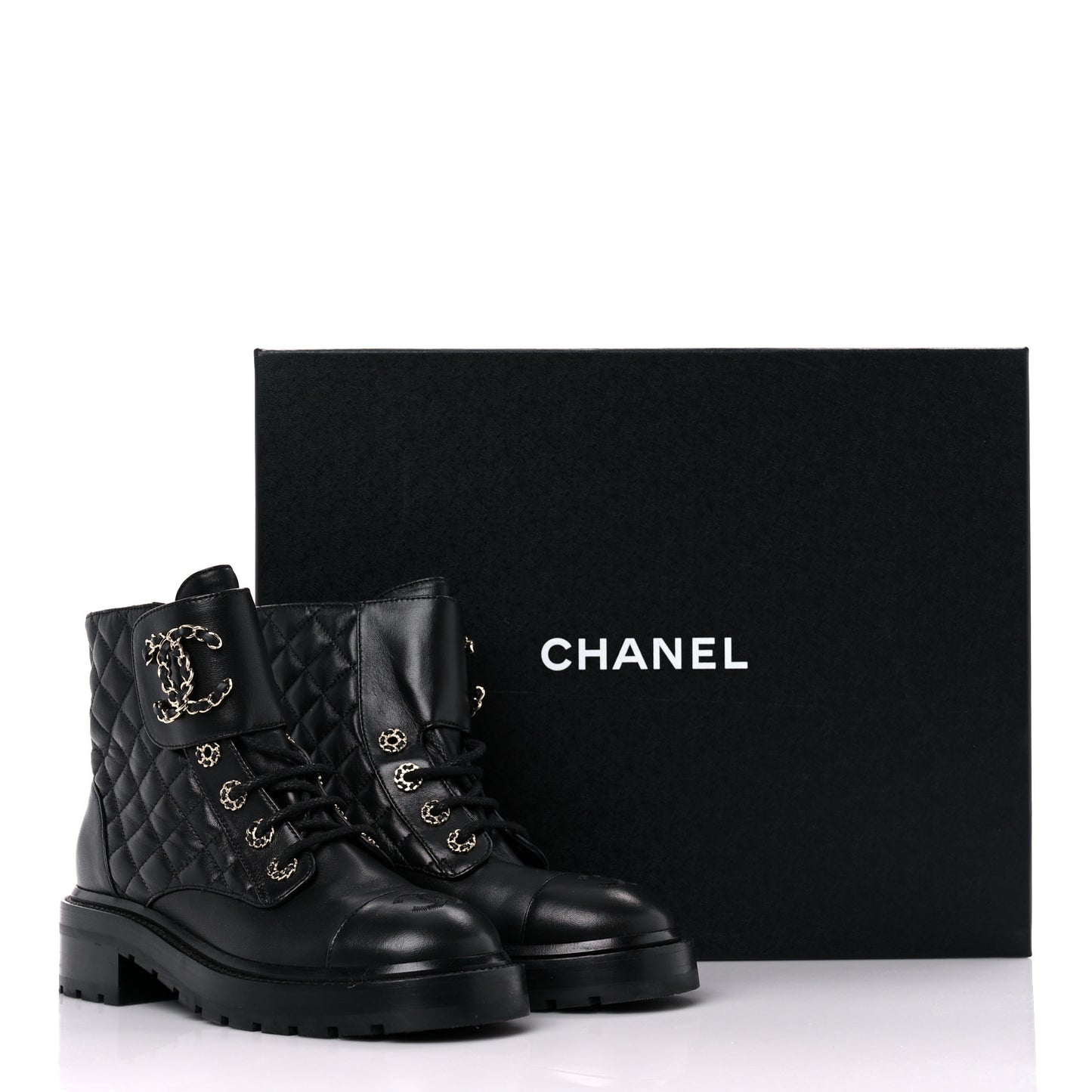 Shiny Calfskin Quilted Lace Up Combat Boots 36.5 Black