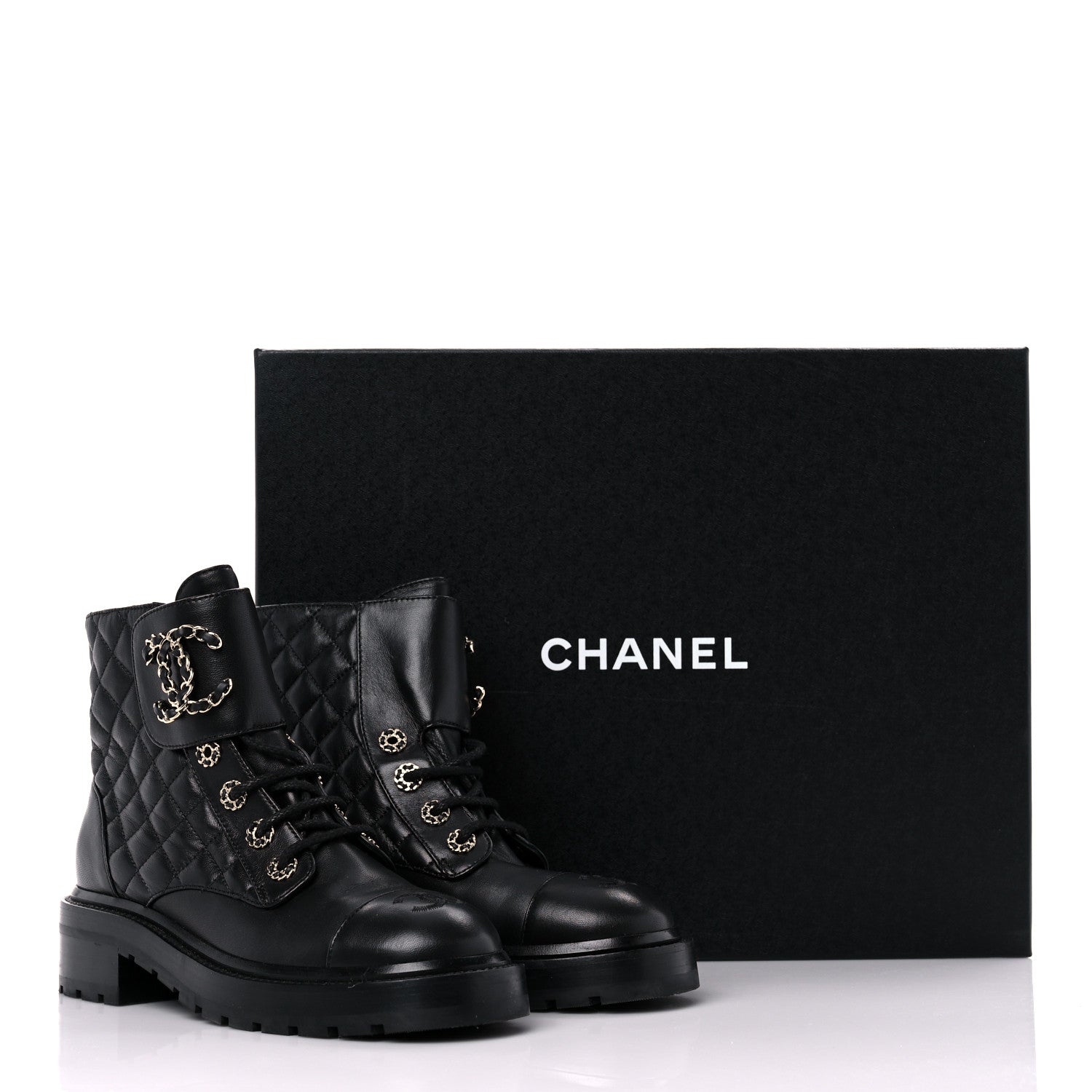 Chanel Shiny Calfskin Quilted Lace Up Combat Boots 36.5 Black 11 of 11