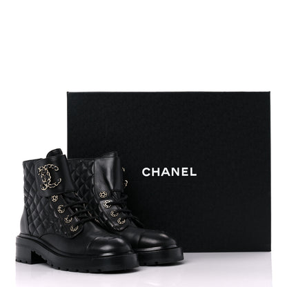 Chanel Shiny Calfskin Quilted Lace Up Combat Boots 36.5 Black 11 of 11