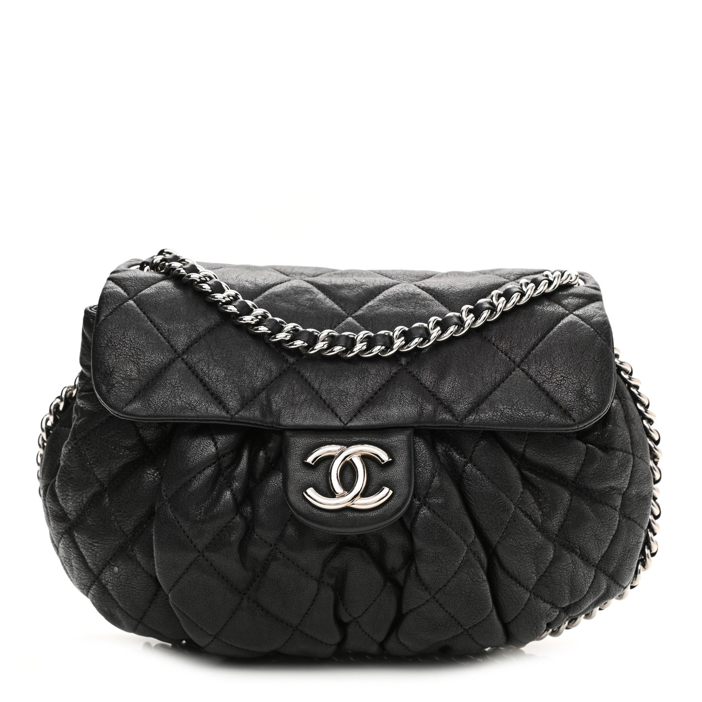 Washed Lambskin Quilted Chain Around Flap Black