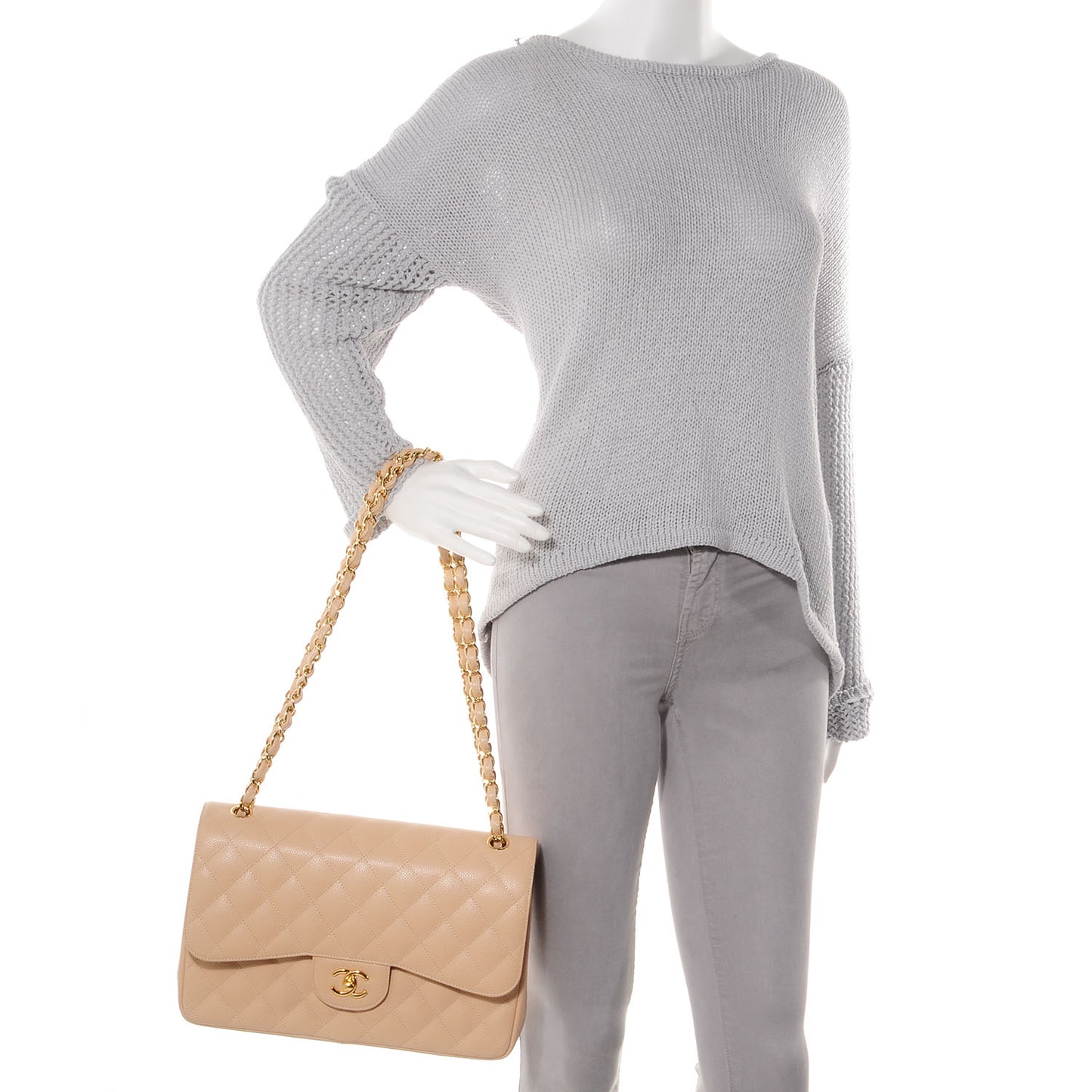 Caviar Jumbo Double Flap Beige Clair