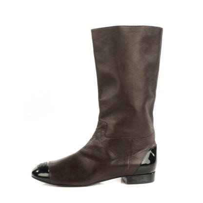 Chanel Lambskin Patent Cap Toe CC High Boots 38 Brown 1 of 6