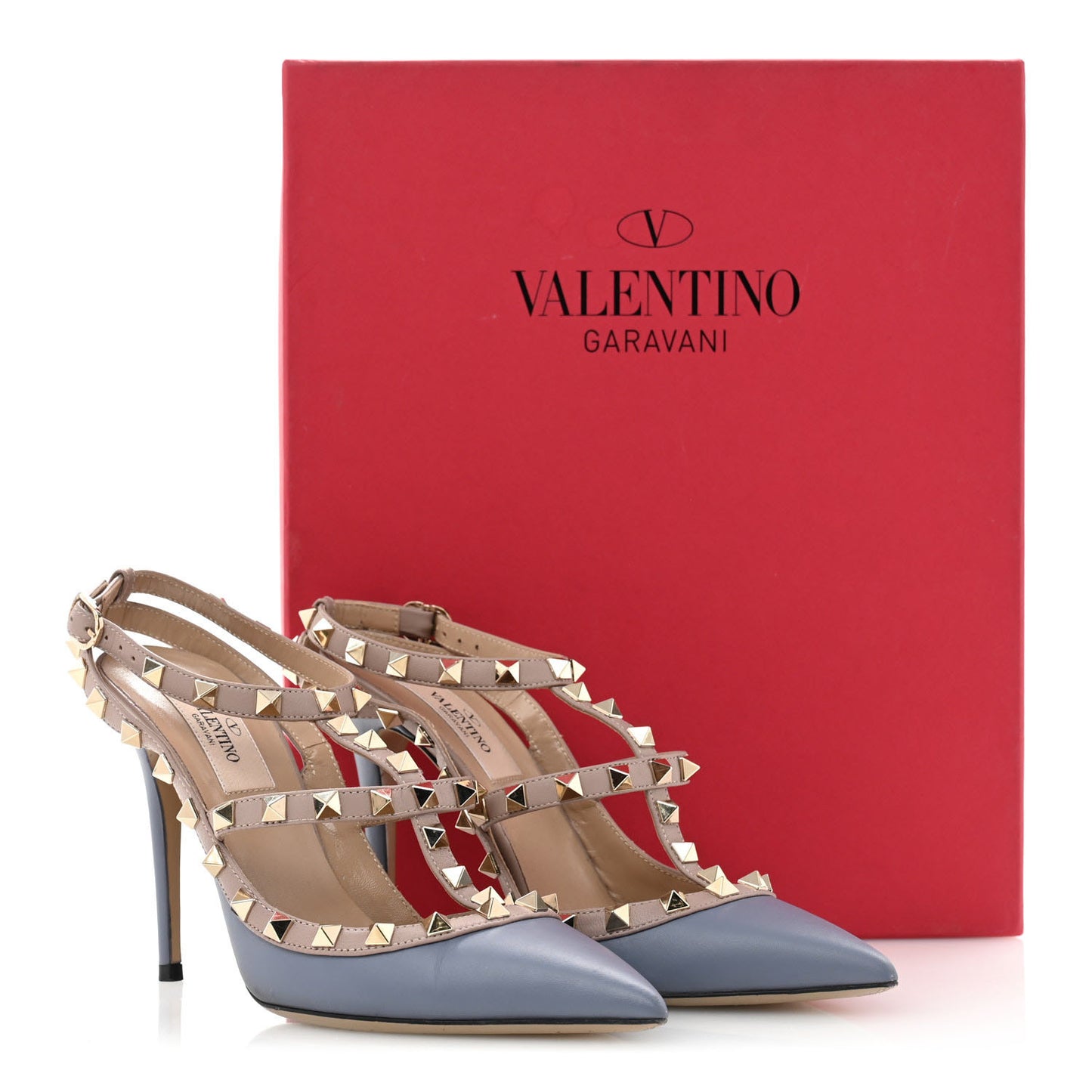 Calfskin Nappa Rockstud Ankle Strap 100mm Pumps 37 Grey Blue Poudre