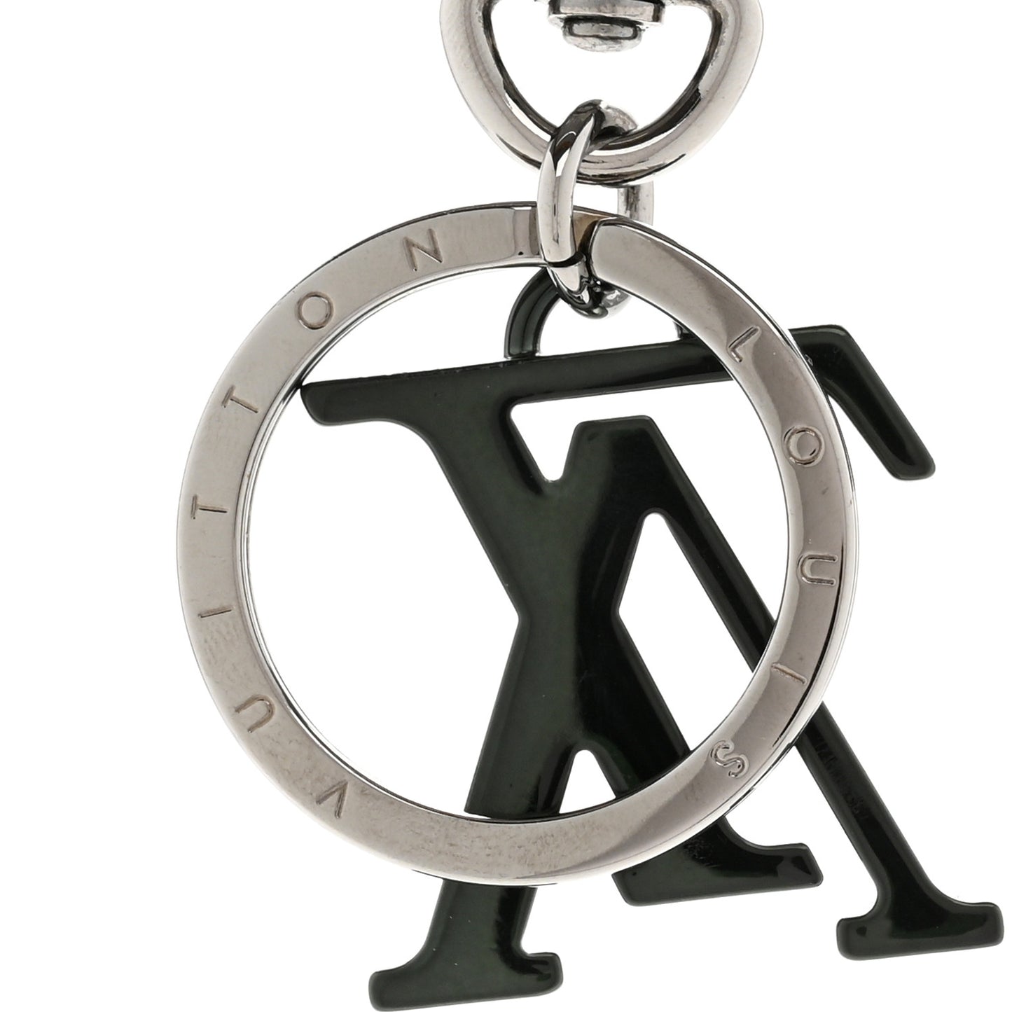 Metal Palladium Finish Lacquer LV Initiales Bag Charm Key Holder Khaki
