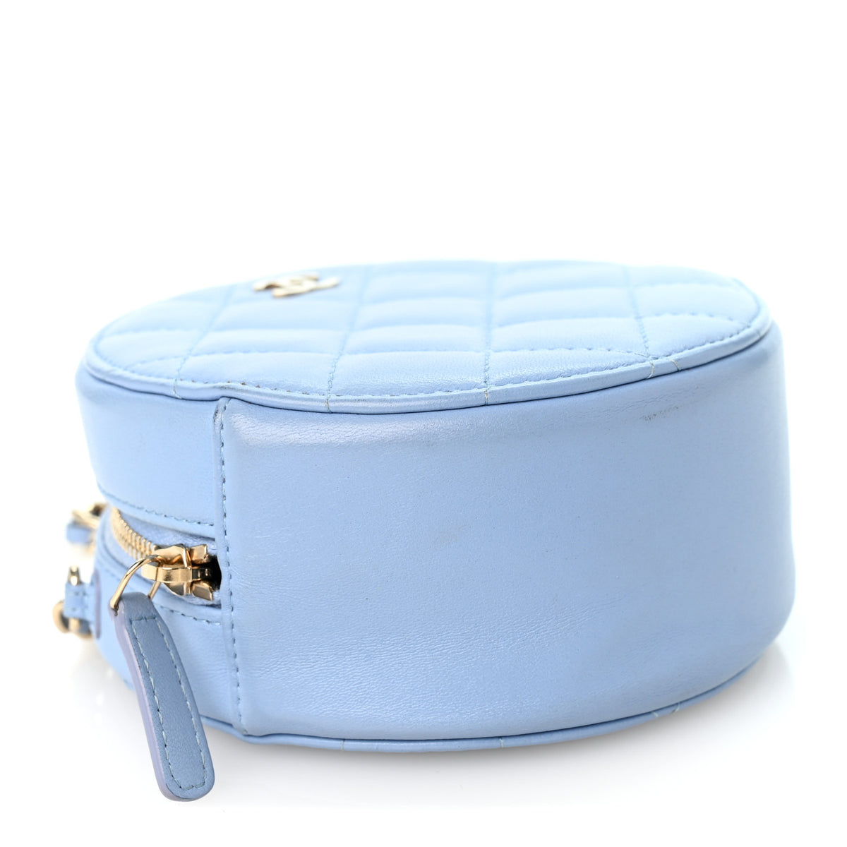 Lambskin Quilted Round Clutch With Chain Light Blue