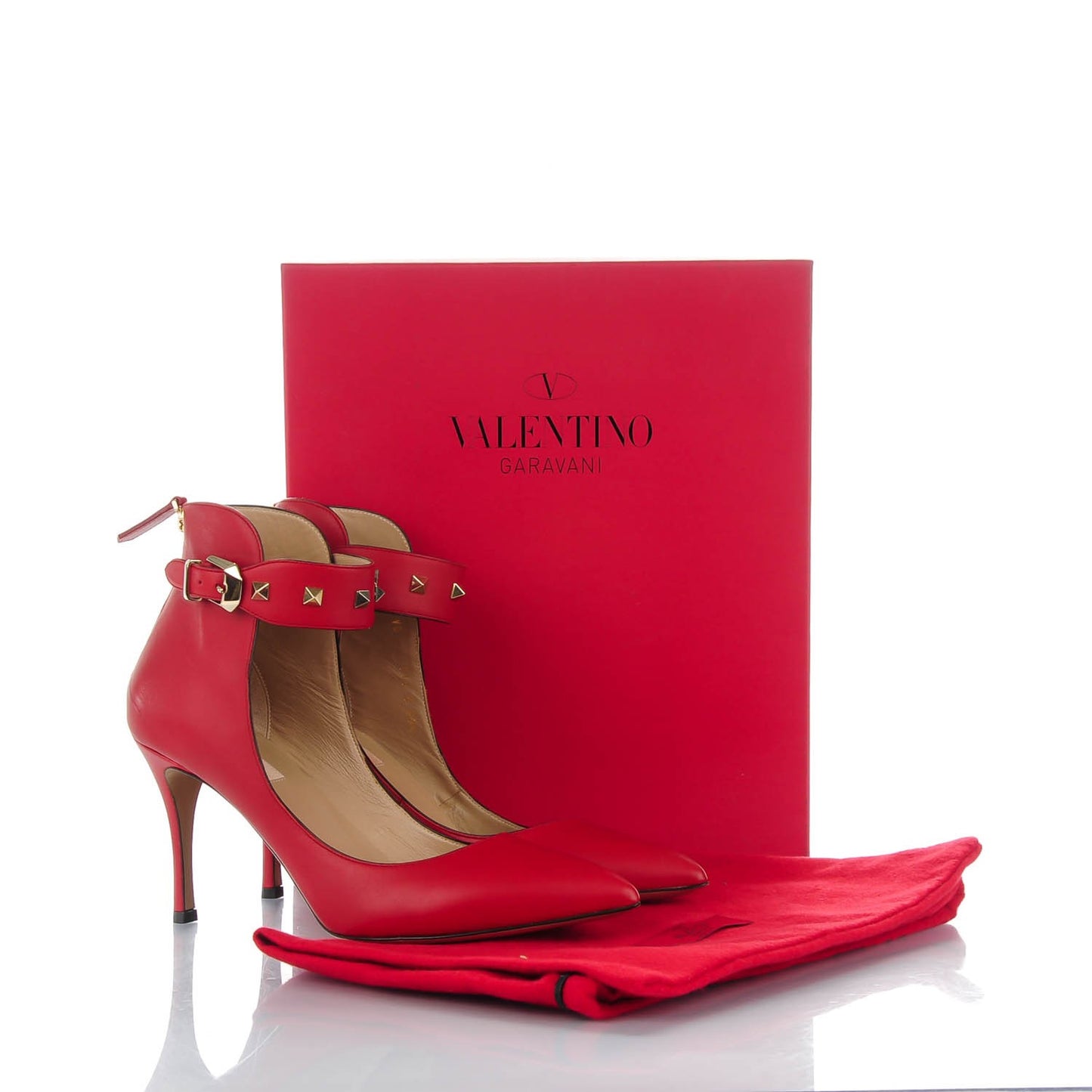 Calfskin Rockstud Ankle Strap Pumps 39.5 Red
