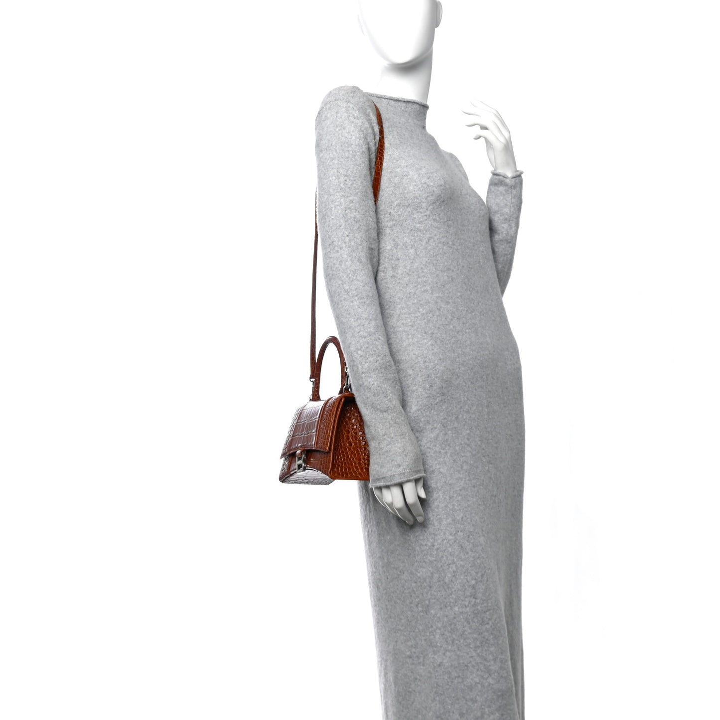 Shiny Calfskin Crocodile Embossed Small Hourglass Top Handle Bag Camel