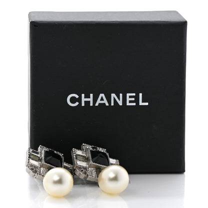 Chanel Crystal Baguette Pearl Cross Drop Earrings Grey Black Silver 5 of 5