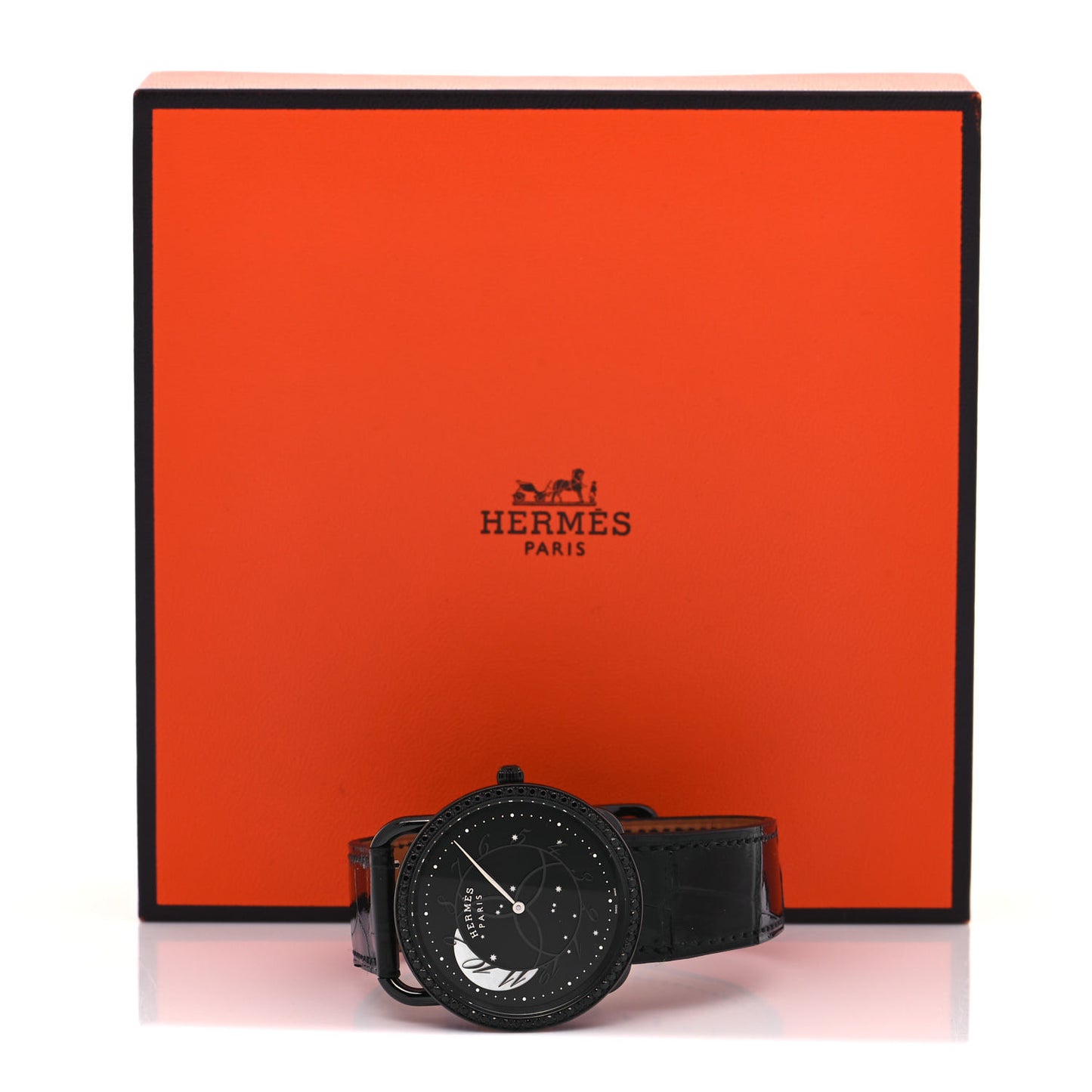 PVD Stainless Steel Alligator Black Diamond 36mm Arceau Ronde Des Heures Quartz Watch Noir