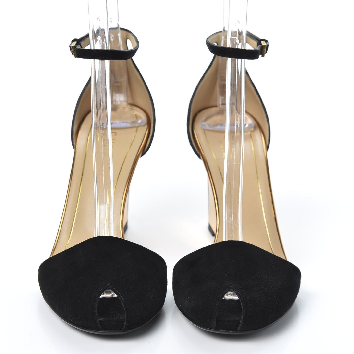 Suede Delphine Mirrored Mid Heel Strap Wedge Sandal 37.5 Black Gold