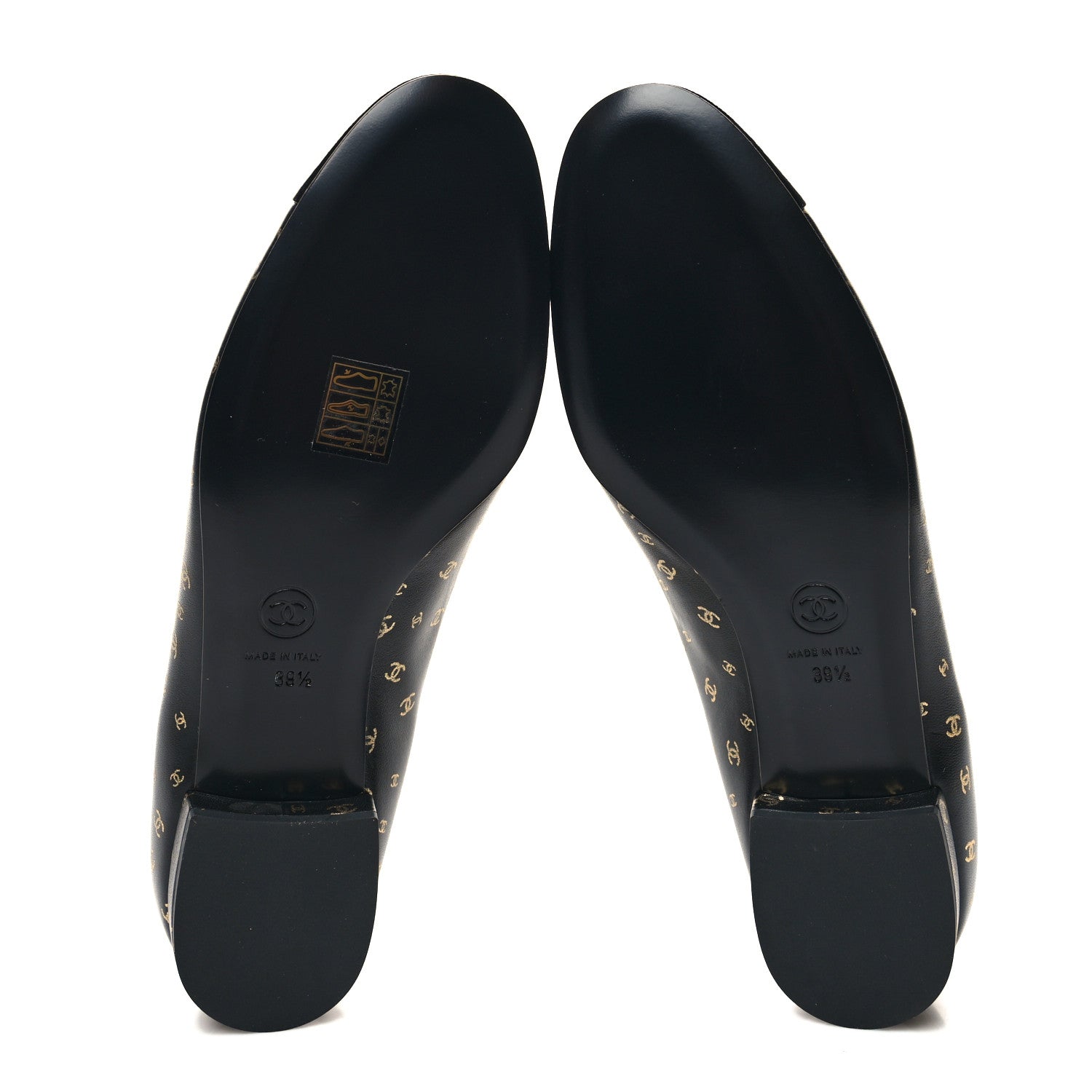 Chanel Lambskin Patent Calfskin Printed CC Cap Toe Ballerina Flats 39.5 Black Gold 5 of 9