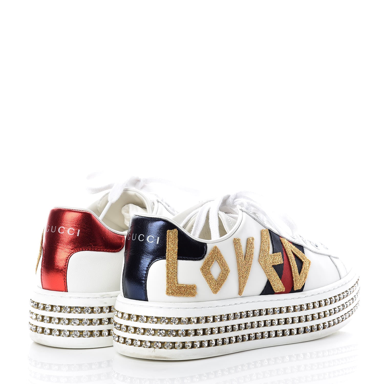 Gucci Calfskin Crystal Web LOVED Embroidered Womens Ace Platform Sneakers 37 White Red Flame Notte 4 of 12