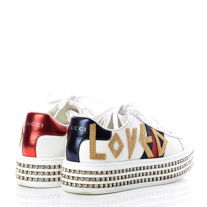 Gucci Calfskin Crystal Web LOVED Embroidered Womens Ace Platform Sneakers 37 White Red Flame Notte 4 of 12
