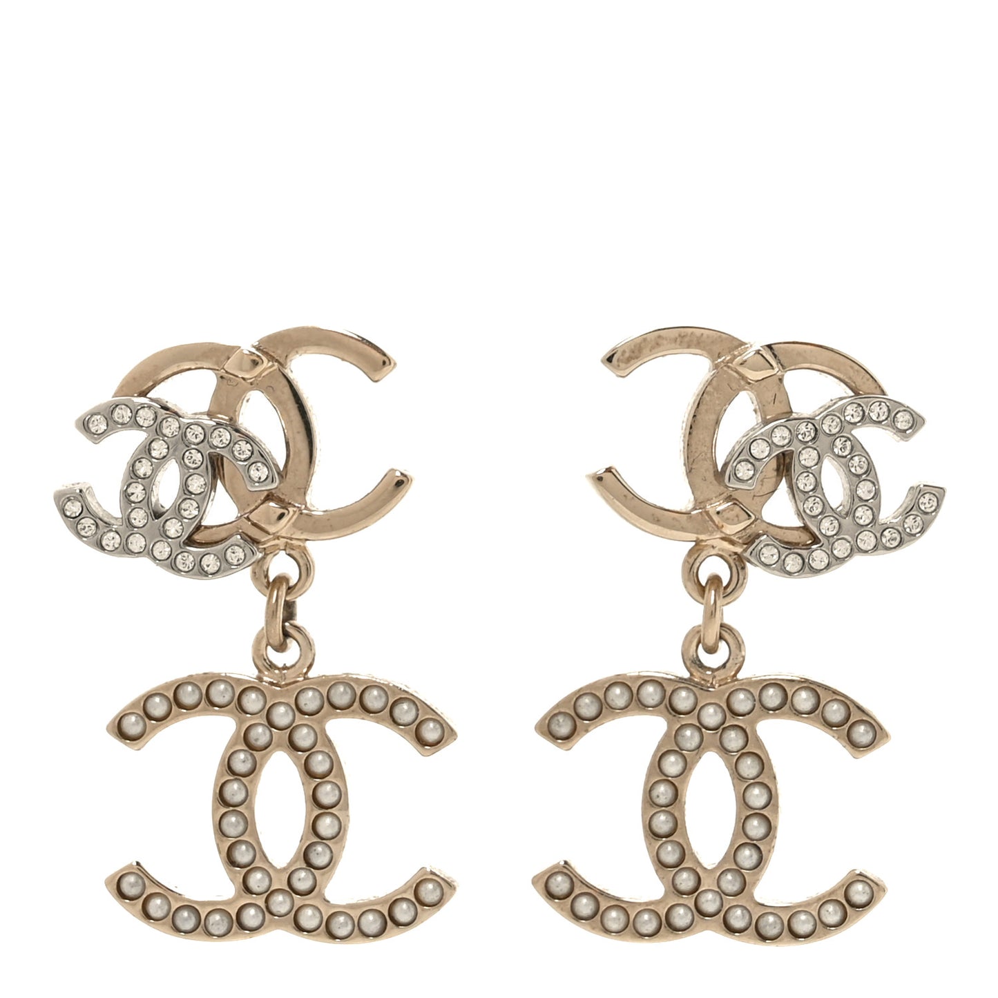 Crystal Pearl Double CC Drop Earrings Gold Silver