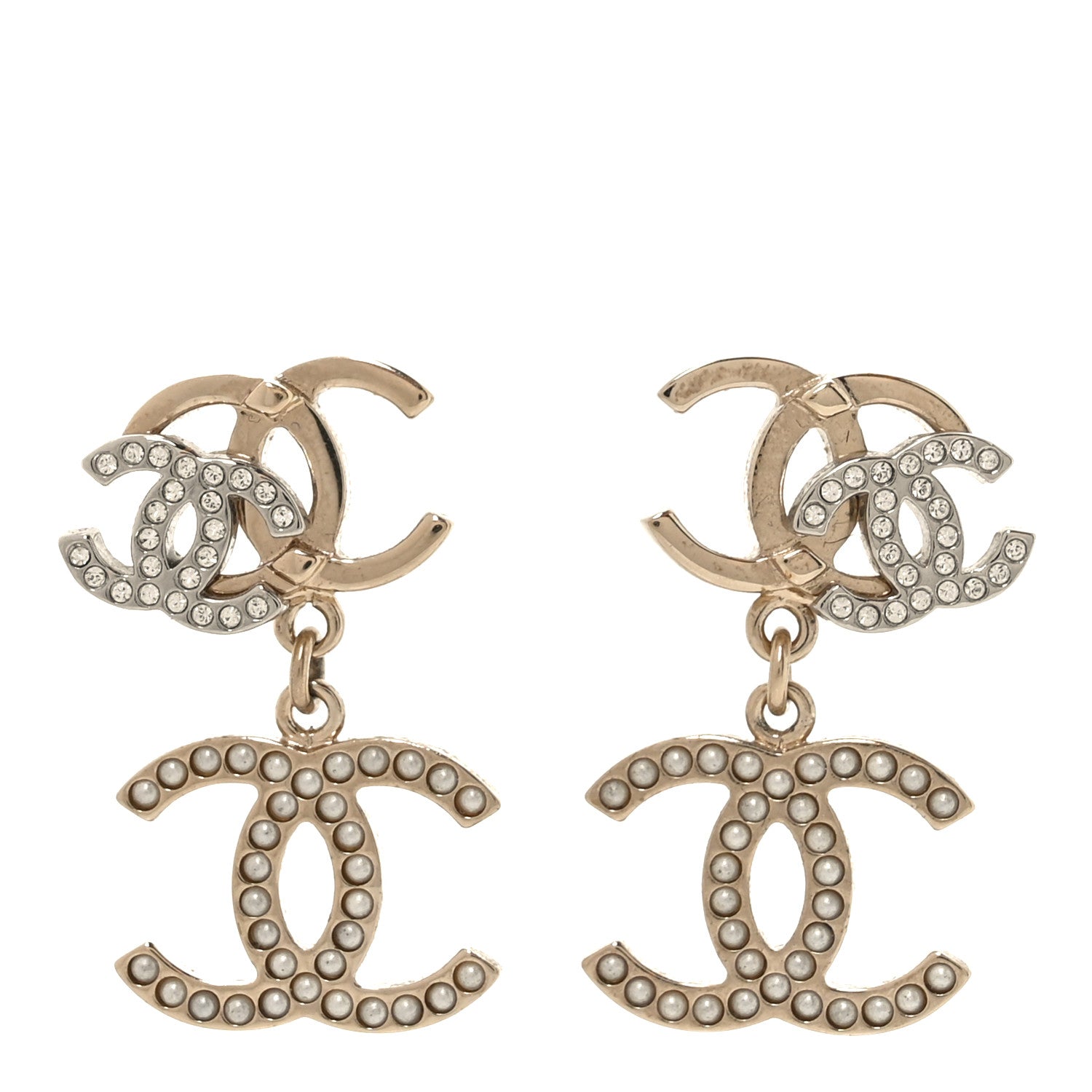Chanel Crystal Pearl Double CC Drop Earrings Gold Silver 1 of 4