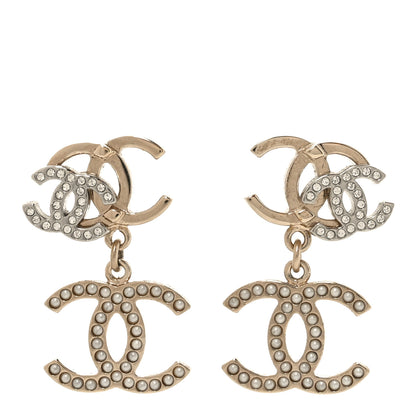 Chanel Crystal Pearl Double CC Drop Earrings Gold Silver 1 of 4