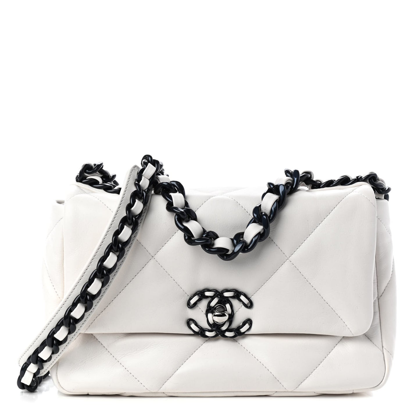 Glossy Calfskin Quilted Medium Chanel 19 Flap White Black